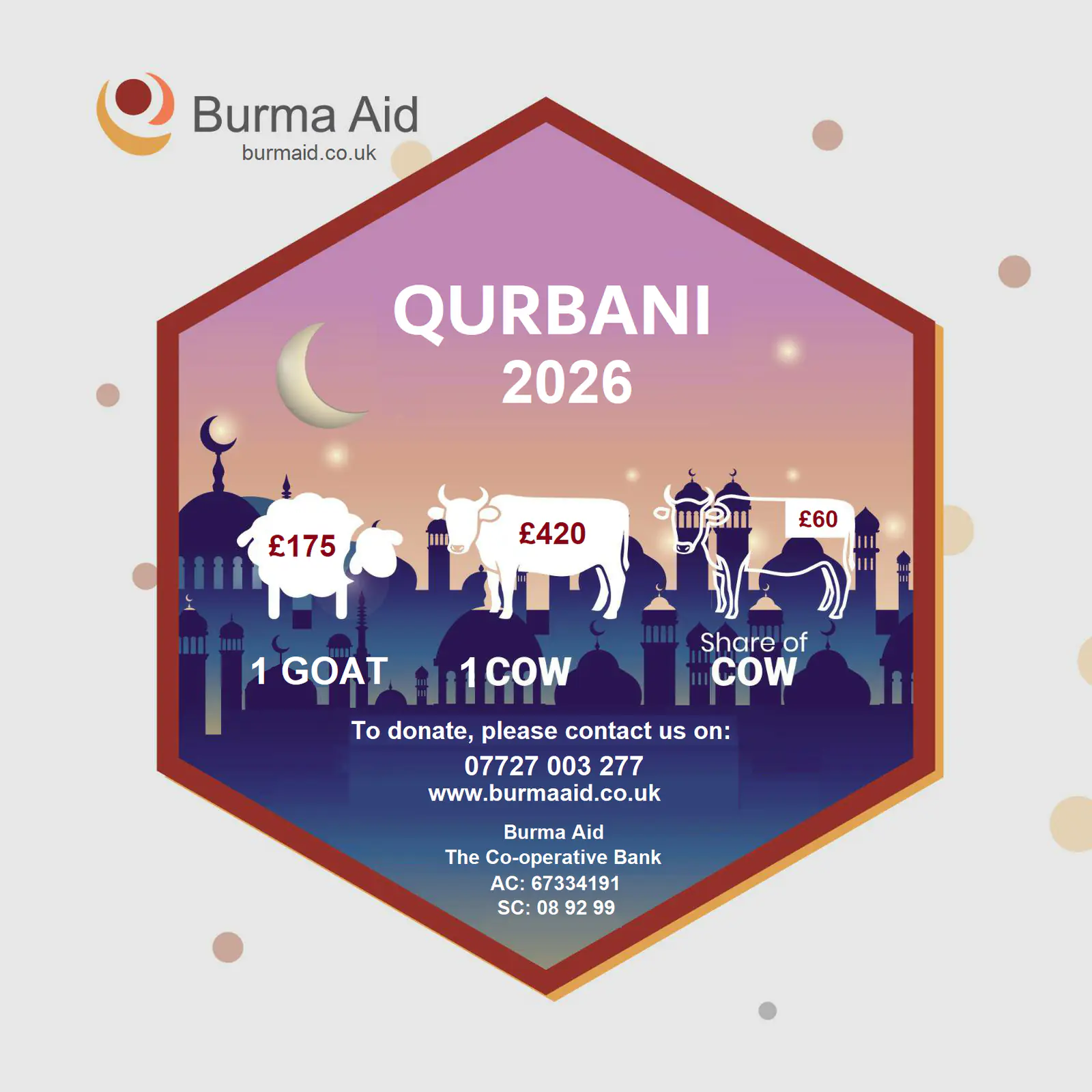 Qurbani 2026 — 1 goat £175, 1 cow £420, share of cow £60