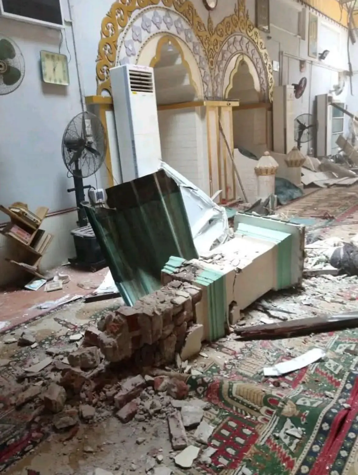 Earthquake damage inside a mosque in Myanmar